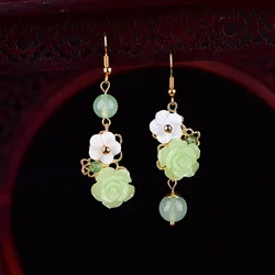 Green Jade Flower Earrings Women Jewelry Gemstone Crystal Natural Zircon Chalcedony Amulet Fashion Charm Lucky Gifts