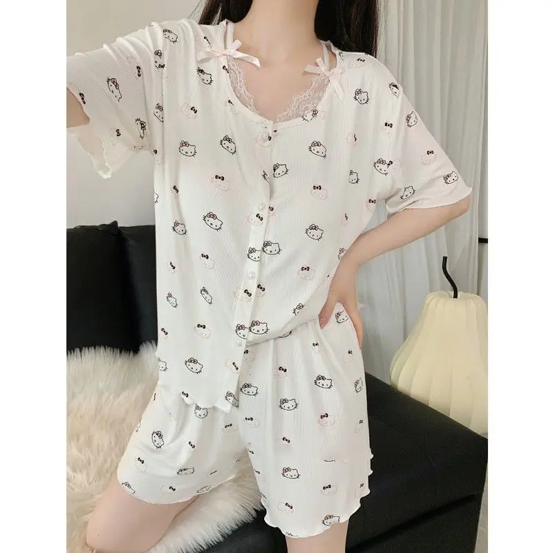 

Sanrio Hello Kitty Two-Piece Pajama Summer Sleepwear Women Shorts Short Sleeve Nightwear Kawaii Cartoon Nightie Home Clothes New