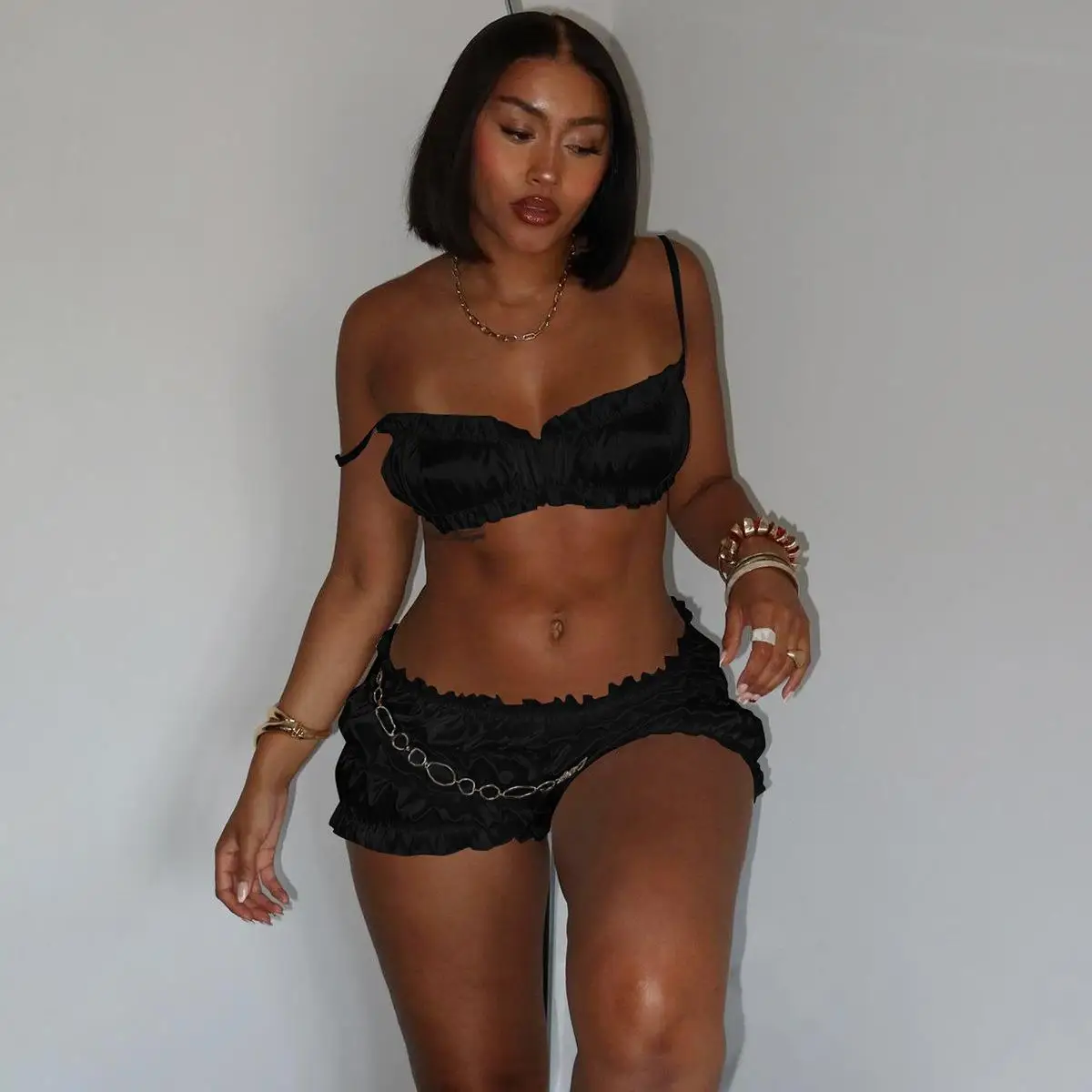 Strapl orts Damen Sexy Sle Pure Color Summer Faion Set ohne Sve Fünfviertel-Länge, atmungsaktiv, bequem