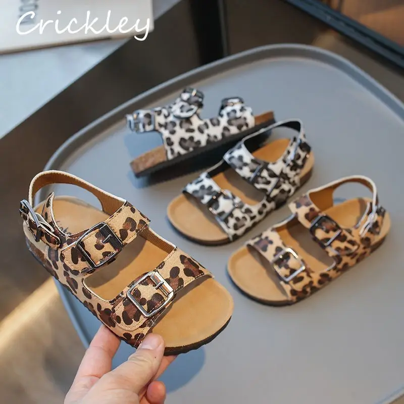 Leopard Pattern Buckle Children's Cork Sandals Fashion Hook Loop Boys Girls Sandals Summer Soft Sole PU Kids Beach Shoes