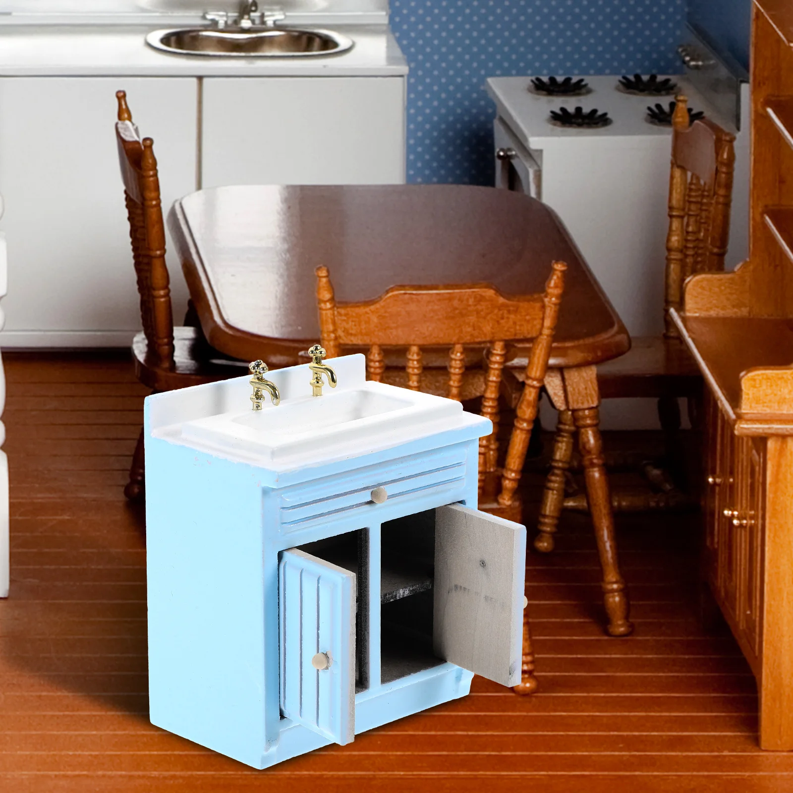 Mini Kitchen Accessories House Miniatures Stove Sky-blue Wood Washing Basin Dollhouse