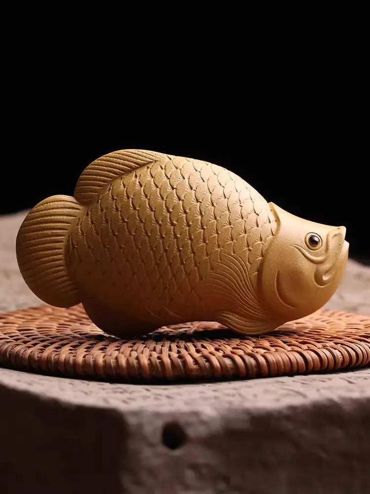 Yixing Original Purple Clay Pet Ornament, Golden Dragon Fish, By Famous Artist Wang Qingsheng, Purely Handmade Accessory,
