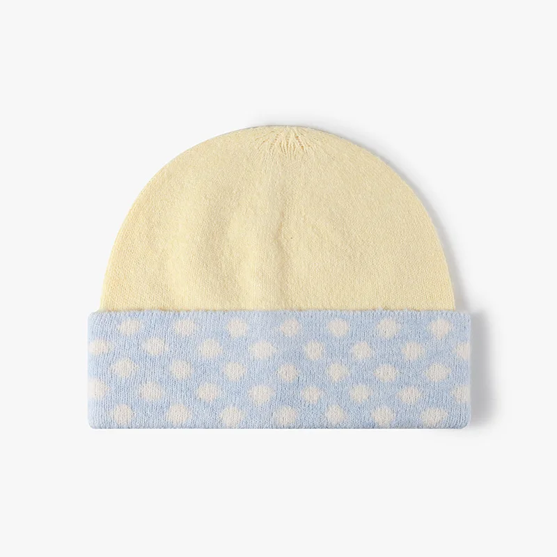 Women Two Tone Knit Beanie Hats Dot Cuff Soft Stretchy Warm Winter Hat Casual Daily Knitted Cap