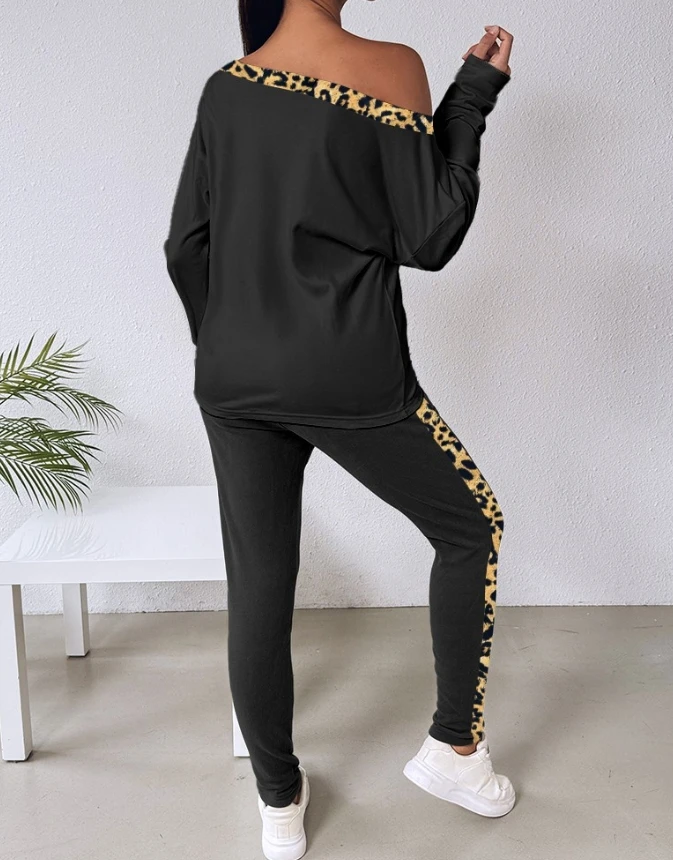 2-piece set of women's clothing 2025 new fashion rhinestone leopard print off shoulder long sleeved top and drawstring leggings