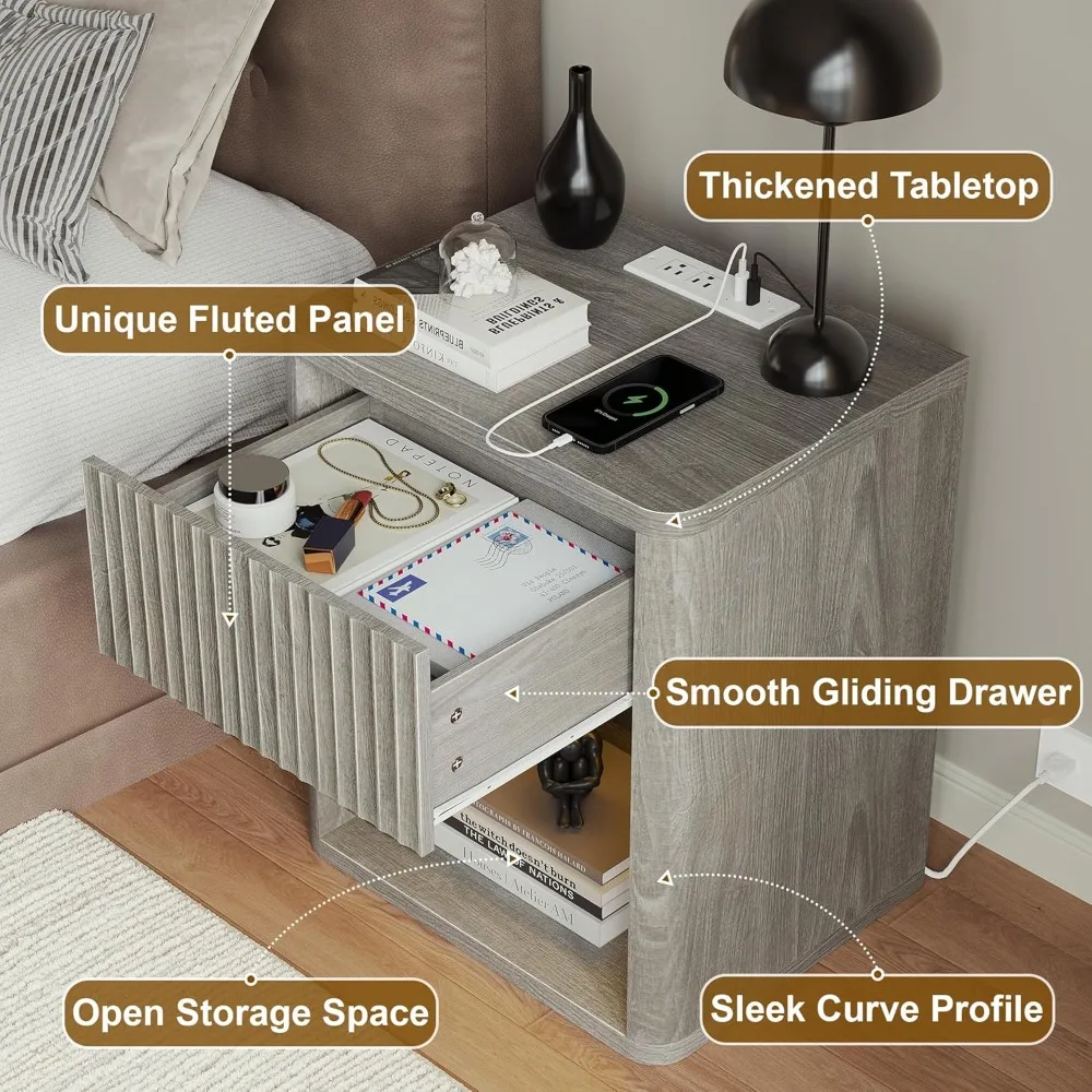 Set of 2 Nightstands, Nightstand with Charging Station & LED Light, Fluted Night Stand with Drawer, Mid Century Modern Bedside T