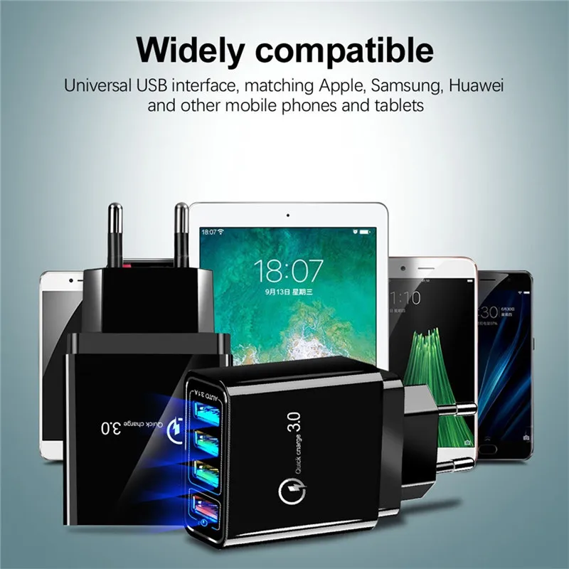 EU/US/UK Plug 4-Port USB Charger 3.1A Multi-Port Fast Charger QC3.0 Travel Portable Mobile Phone Charger Travel Charger 5/9/12V