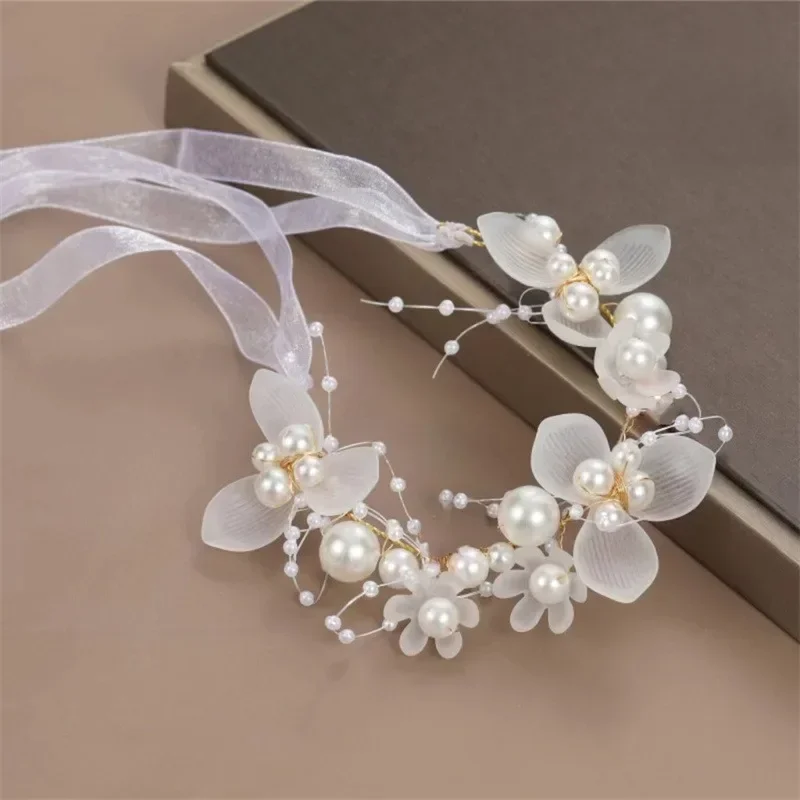 Flor de pulso pérolas artificiais dama de honra crianças mão flor casamento linda noiva pulseiras de casamento meninas romântico