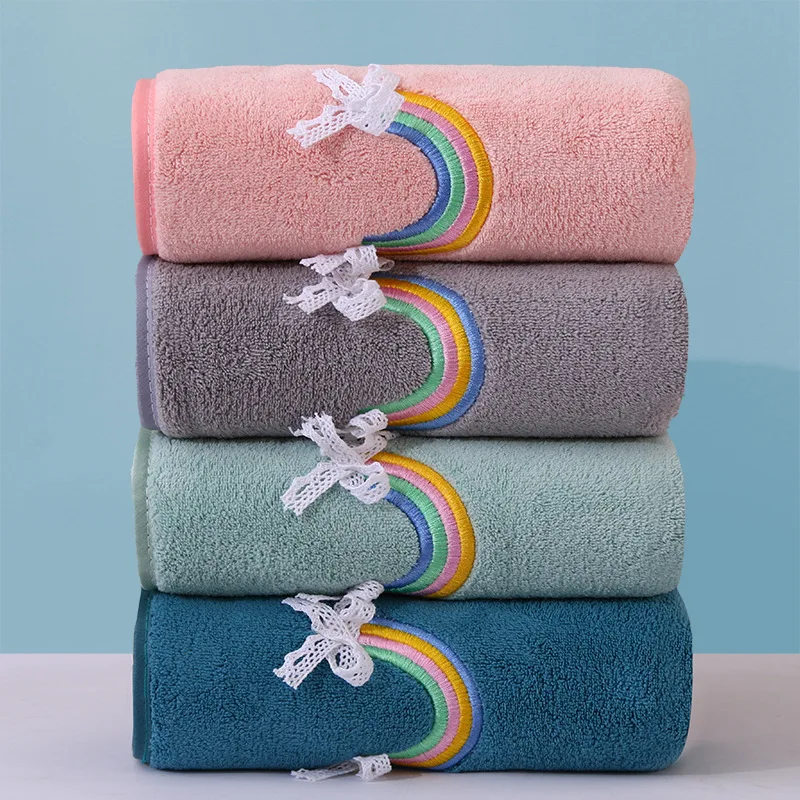 Quick Drying Coral Velvet Towel Rainbow Embroidery Hand Towels Bathroom Thickened Baby Shower Bath Towel Christmas Gift Supplies