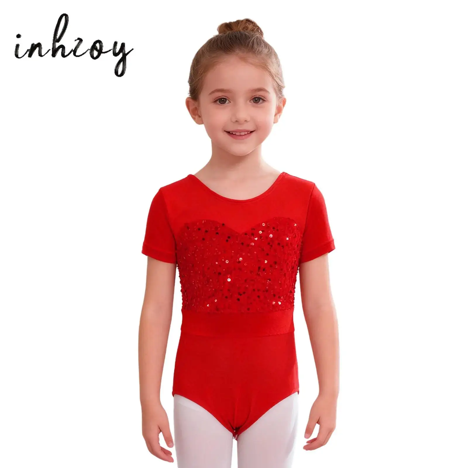 أطفال بنات الباليه ممارسة ملابس رقص الجمباز جولة الرقبة قصيرة الأكمام لامعة الترتر المخملية المرقعة أزرار مفتوحة المنشعب ارتداءها