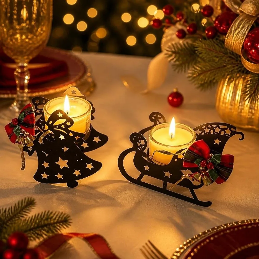 Deer Elk Christmas Candle Holder Snowflake Bow Xmas Desk Decoration Hollowed-out Bell Christmas Ornaments Mantel Decor