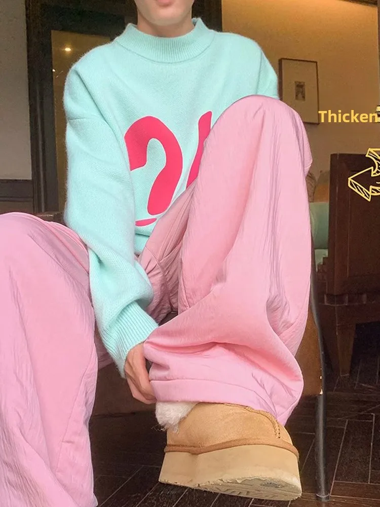 

Men's Thiened Fce Lined Cotton Pants Winter Cold Resistant Warm Trousers Wide Leg Casual Long Pants Pink High End Feel