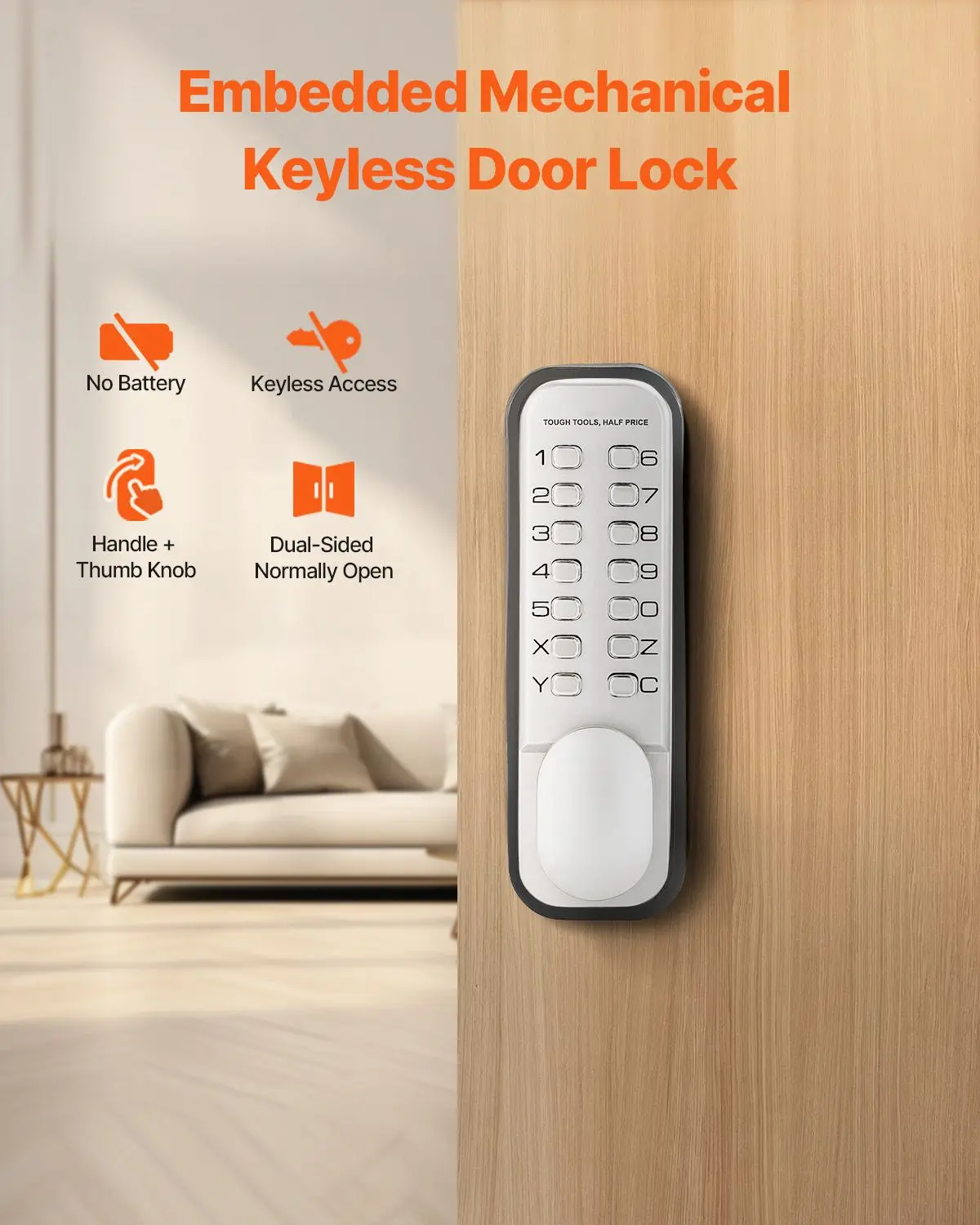 Mechanical Keyless Entry Door Lock, 14 Key Mechanical Door Lock, Mechanical Keypad Door Knob, Single-Side Stainless Steel Waterp