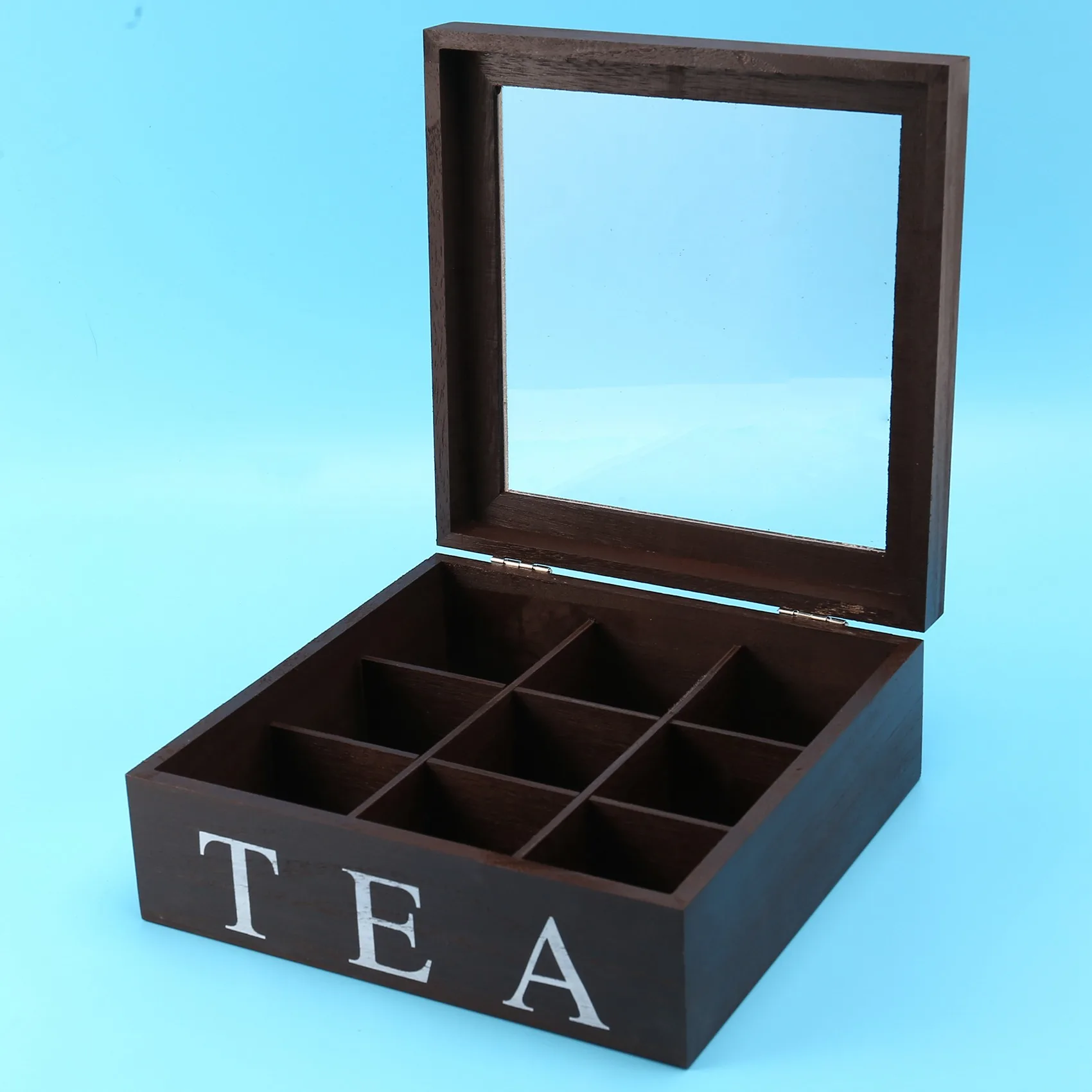

ABWP-Wooden 9 Grids Tea Box Tea Bags Container Storage Box Square Gift Box Case Transparent Top Lid Jewelry Storage Box