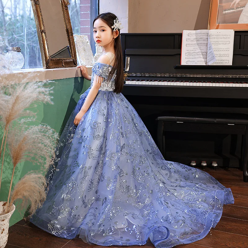 Vestido de baile de moda para bebé, vestidos de niña de flores, tren de corte de tul, borla, vestidos de fiesta de cumpleaños de boda para niños