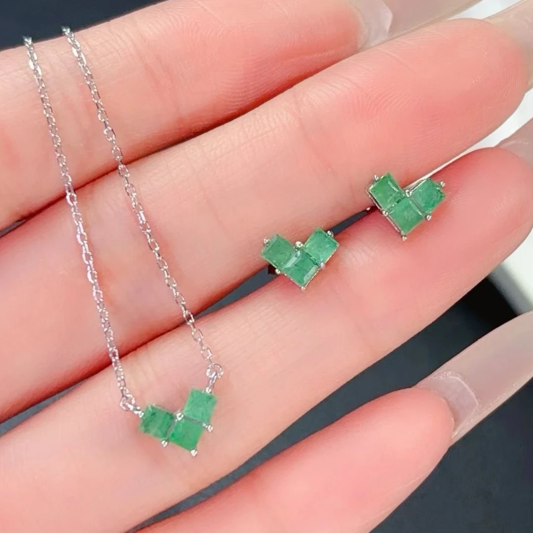 Natural Emerald Jewelry Set with Certificate 3mm 1ct Genuine Emerald Earrings and Necklace 925 Silver Jewelry with Gold Plating