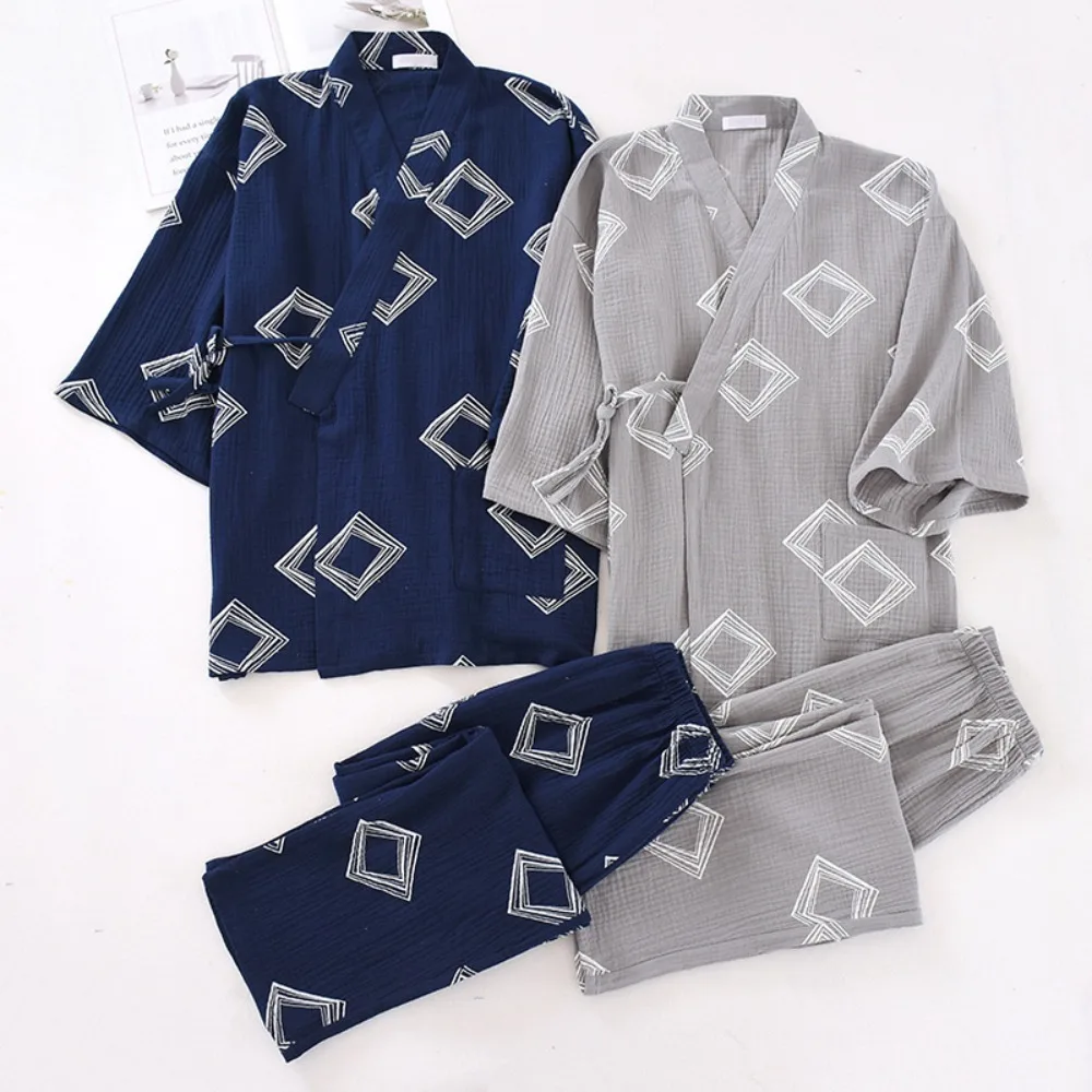 

Japanese Kimono Pajama Set for Men - Spring/Autumn 100% Cotton Gauze Yukata Robe with Belt Plus Size Hanfu Loungewear