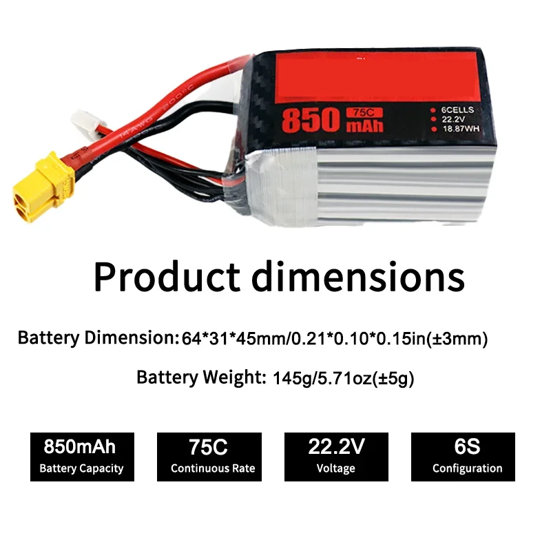 Ultra Light 850mAh 6S 22.2V 75C High Efficiency Lipo Battery Special For FPV Crossing Machine