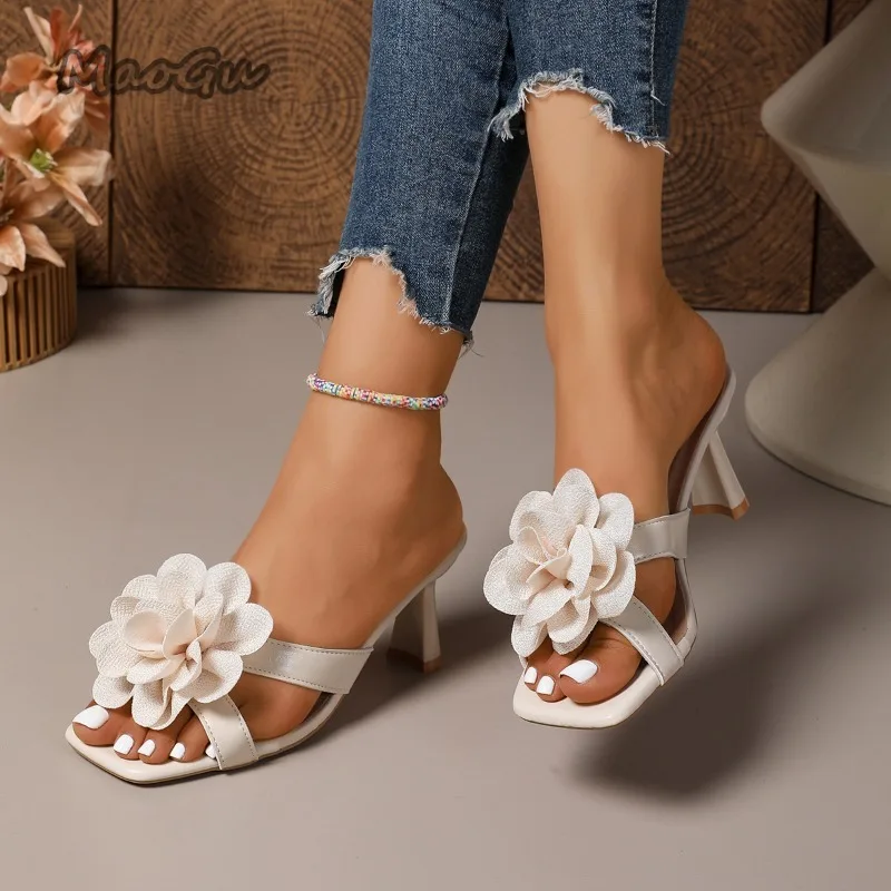 النمط الفرنسي صنادل كعب رقيقة المرأة الصيف أبلى جديد زهرة شباشب على الموضة Size36 42 فستان نسائي أحذية Sandalias De Mujer