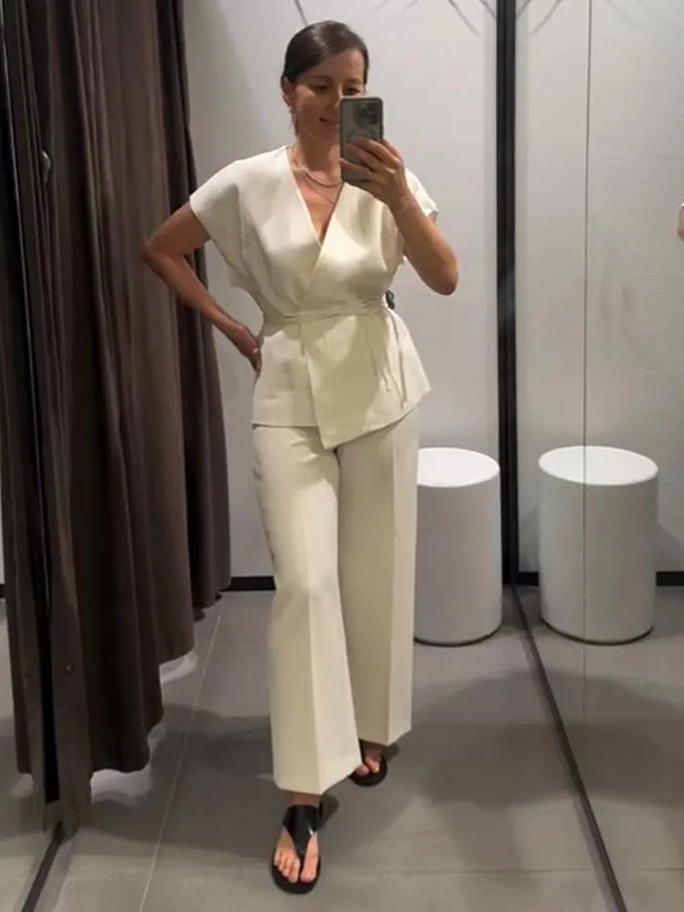 2024 neue Frau Solide Anzüge Spitze Up V-ausschnitt Tank Top + Hohe Taille Taschen Wilden Casual Streetwear Weibliche Breite Bein lange Hose