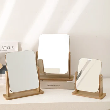 Simple Wooden Makeup Mirror Rotating Desktop Mirror Student Dormitory Desk Vanity Cosmetic Mirrors Folding Fashion Mirror Home