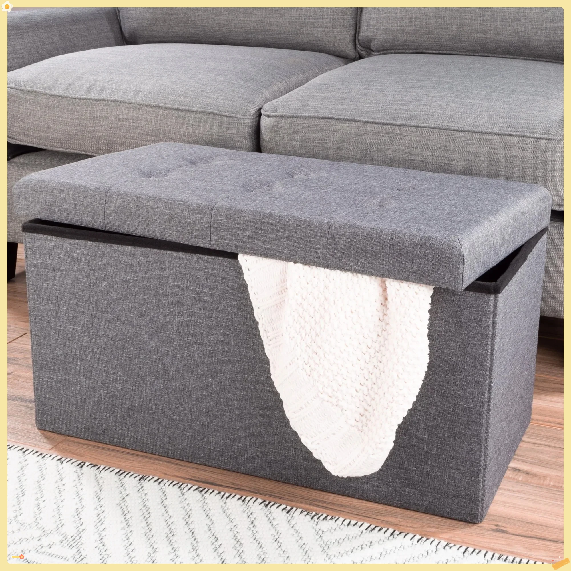 

Серая 30-дюймовая складная пуфик с ящиком для хранения, компактным сиденьем и органайзером для использования в гостиной и спальне