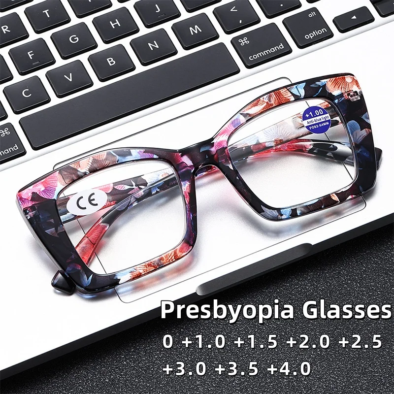 

New Large Frame Anti Blue Light Presbyopia Glasses Fashion Patterned Spring Leg Versatile Glasses Ultra Light Unisex Eyewear