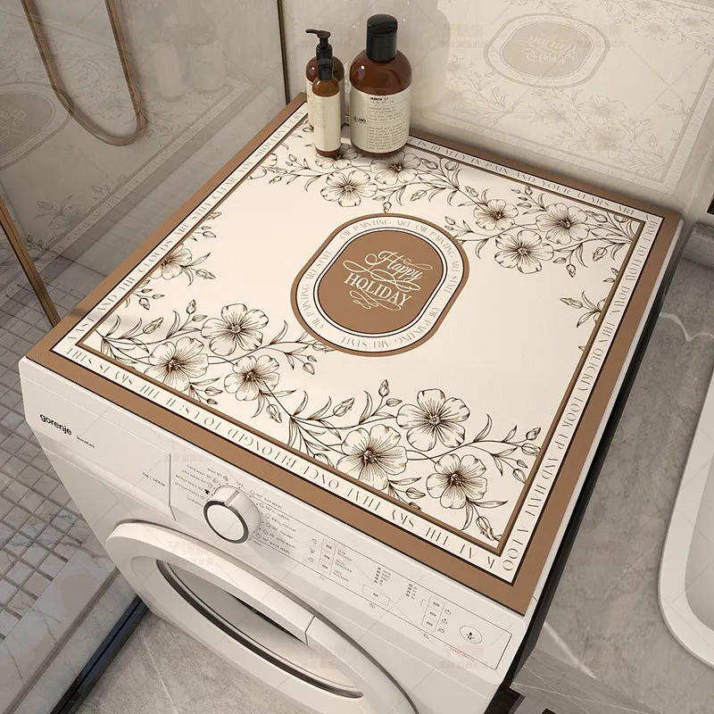 VIKAMA Line Sketch Floral Washing Machine Top Mat Brown Frame Holiday Letter Print Waterproof Anti Dust Dryer Cabinet Cover Pad