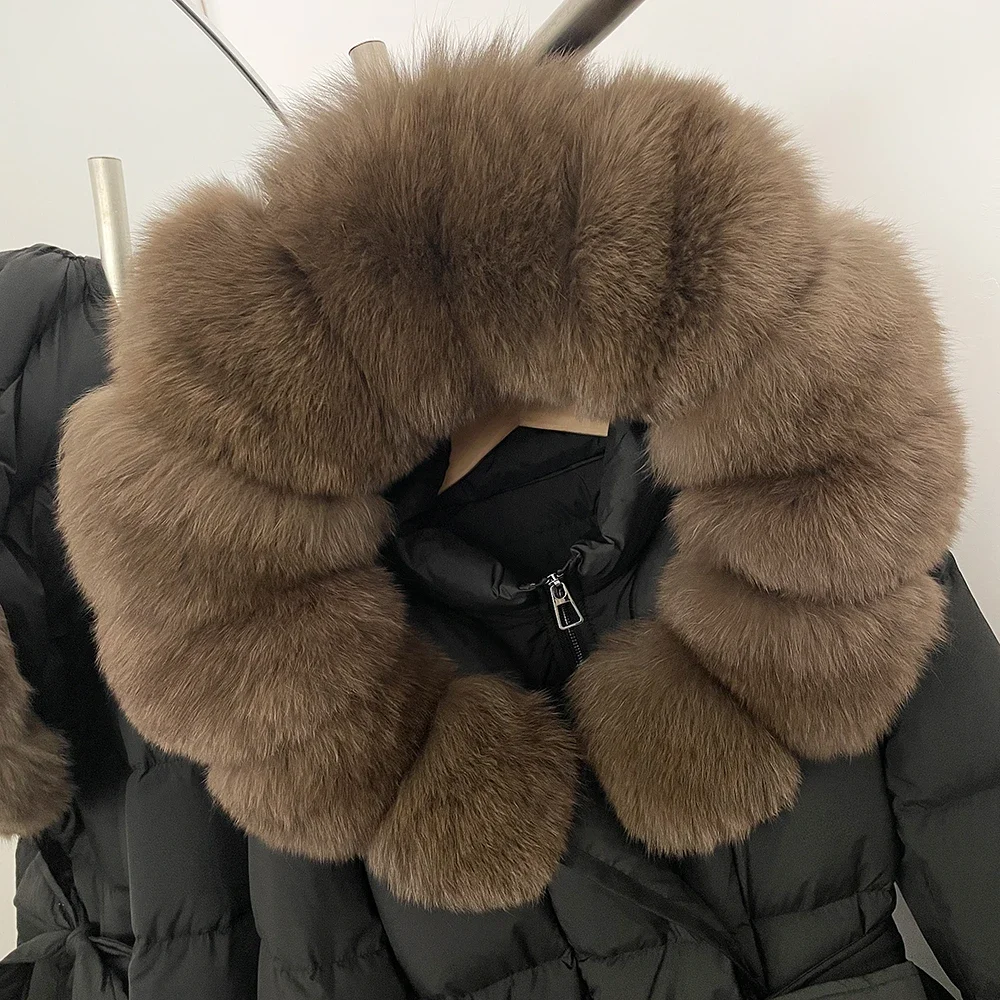 OFTBUY New Winter Real Fur Outerwear Women's Down Jacket with Real Fox Fur Belted Waist Mid-Length White Duck Down Puffer Coat