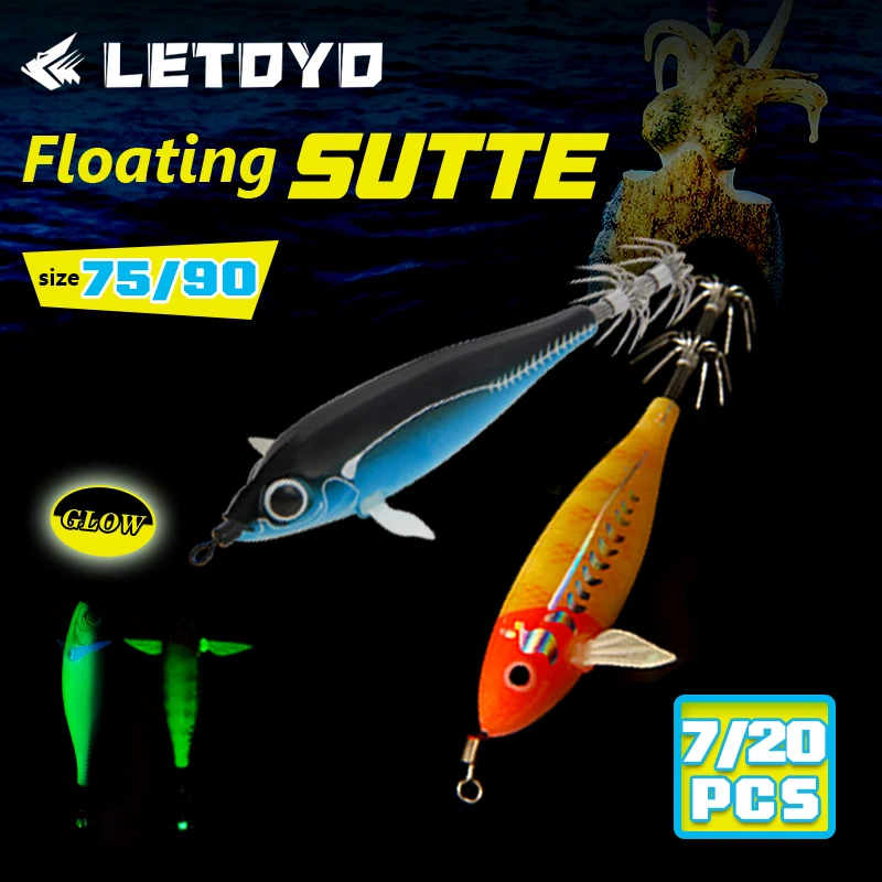 

LETOYO 7/20 шт. 90 мм 75 мм Светящиеся приманки для кальмаров, плавающие джиги для кальмаров, осьминогов, каракатиц, морской рыбалки, EGI-приманки