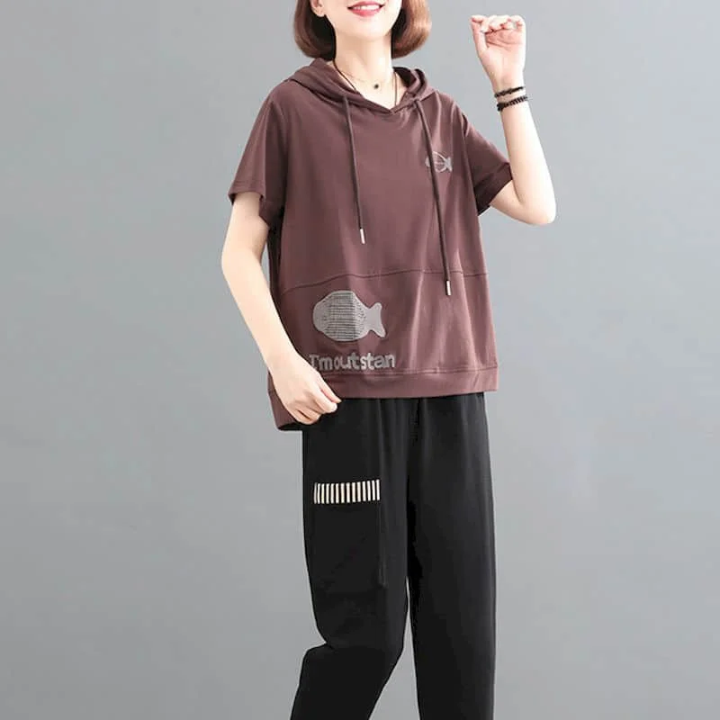 Pants Set Large Size Korean Style Loose Print Short Sleeve Hooded Tracksuit T-shirt and Harem Pants Two Piece Set Women Outfits