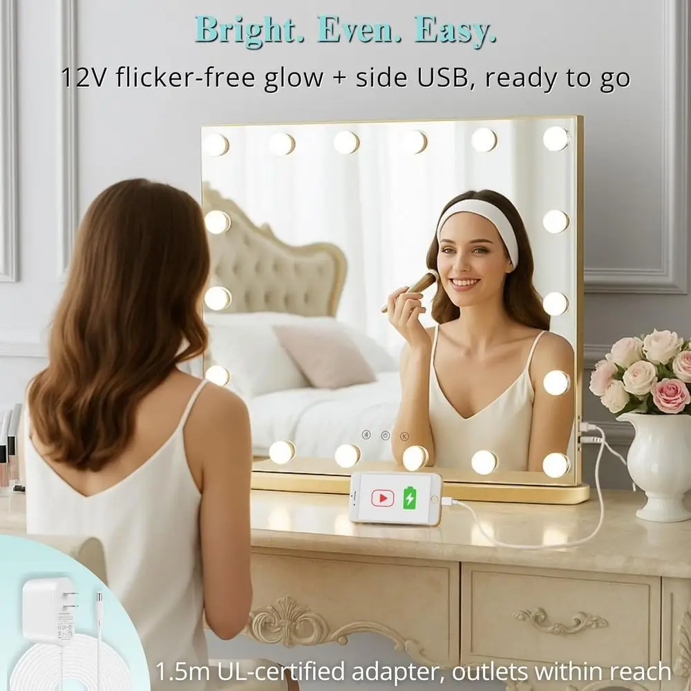 18-LED Hollywood make-upspiegel, 23,6 lang, 3-kleuren verlichting, tafelblad make-upspiegel voor slaapkamer