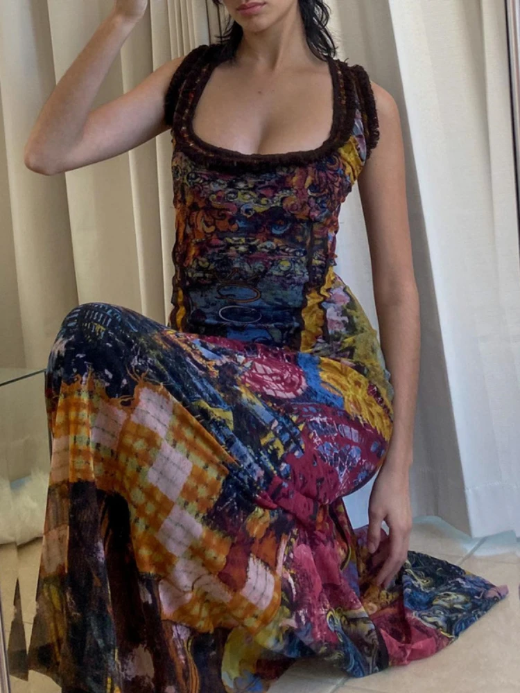 فستان لصق هندسي في القرون الوسطى ، مثير منخفض الرقبة ، فساتين تناسب ضئيلة ، الجوف خارج ، عارية الذراعين ، التعادل صبغ الطباعة ، ريترو أكمام تانك ، Bodycon