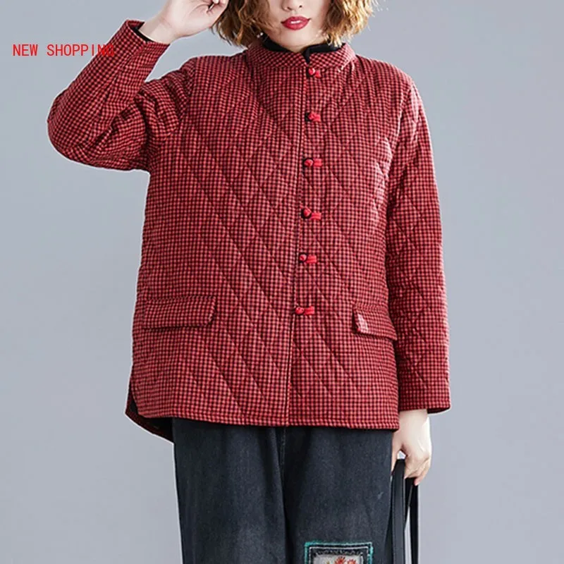 Autumn Winter Women Casual Warm Thicken Cotton Coats New 2024 Vintage Plaid Loose Long Sleeve Short Jackets Parkas Plus Size 5XL