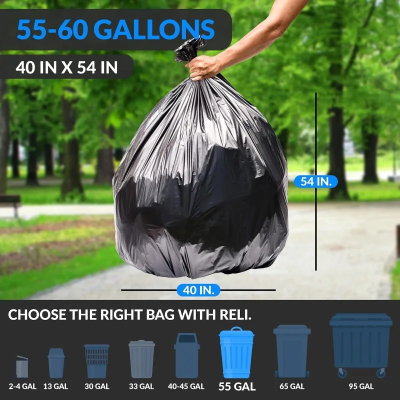 55-60 Gallon Large Trash Bags Heavy Duty | 150 Bags | Black | Made in USA