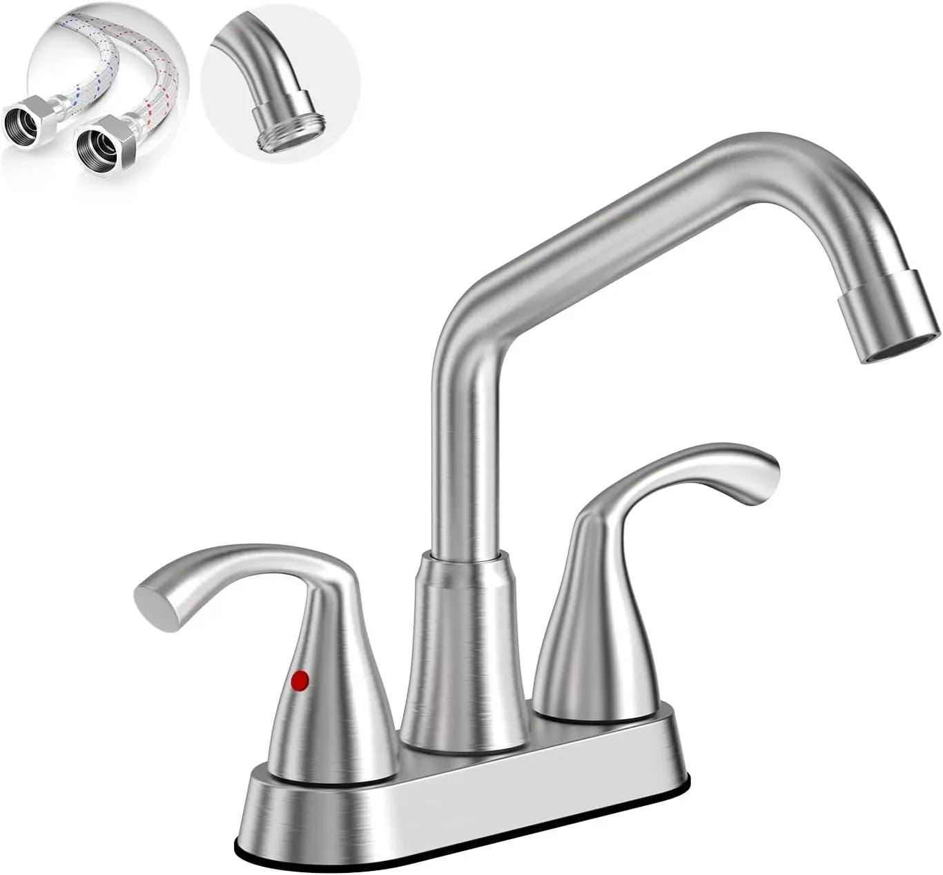 

Brushed Nickel Rotatable Long Spout Faucet, 4' Centerset, 2 Handles, Garden Hose Threaded End, Water Supply Lines, LF180-BN