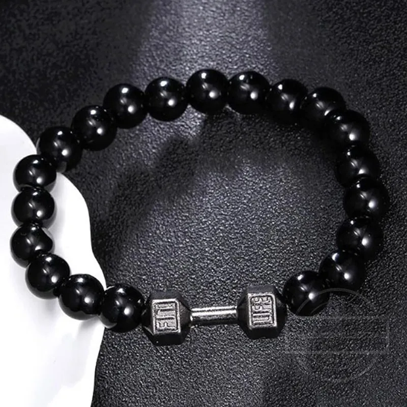 High Quality Men's Beaded Bracelet Natural Black Matte Agate Dumbbell Charm Bracelet Energy Fitness Barbell Fashion Jewelry