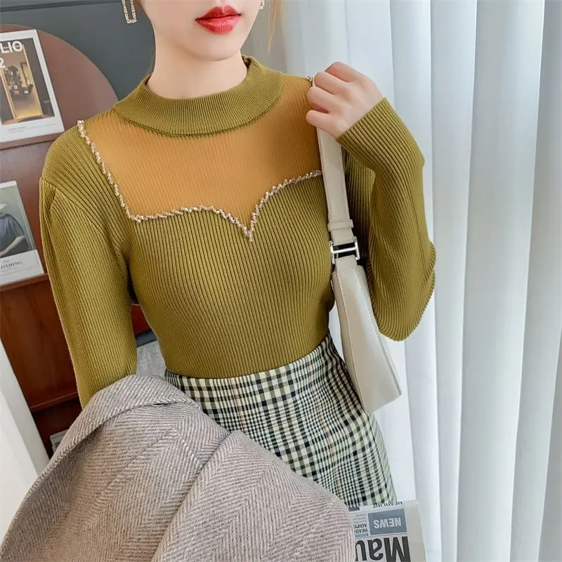 

Fashion Stand Collar Gauze Hollow Out Diamonds Sweaters Female Clothing 2024 Autumn New Slim Knitted Chic Pullovers Sweet Tops