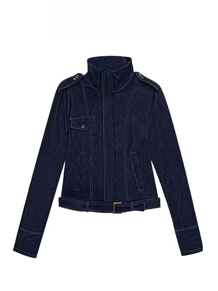 

Y2K Streetwear Women 2026 Spring Autumn New Arrival Stitched Stand Collar Belted Cropped Washed Denim Jacket Casual Daily Outfit