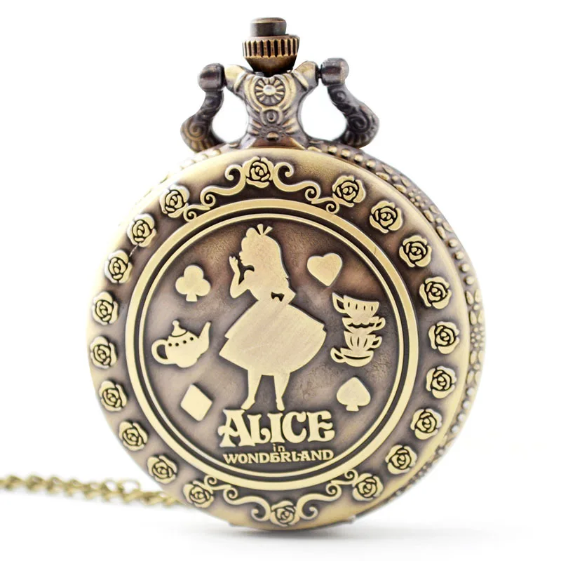 En Stock Anime Alicia en el país de las Maravillas tema Retro relojes de bolsillo de cuarzo de bronce relojes Fob Vintage regalo de cumpleaños juguete de moda para niños