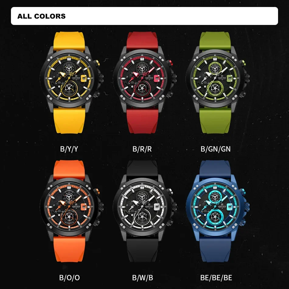 NAVIFORCE NF8033 Men\'s Fashion Casual Chronograph Quartz Wristwatch Military Silicone Strap Waterproof Clock