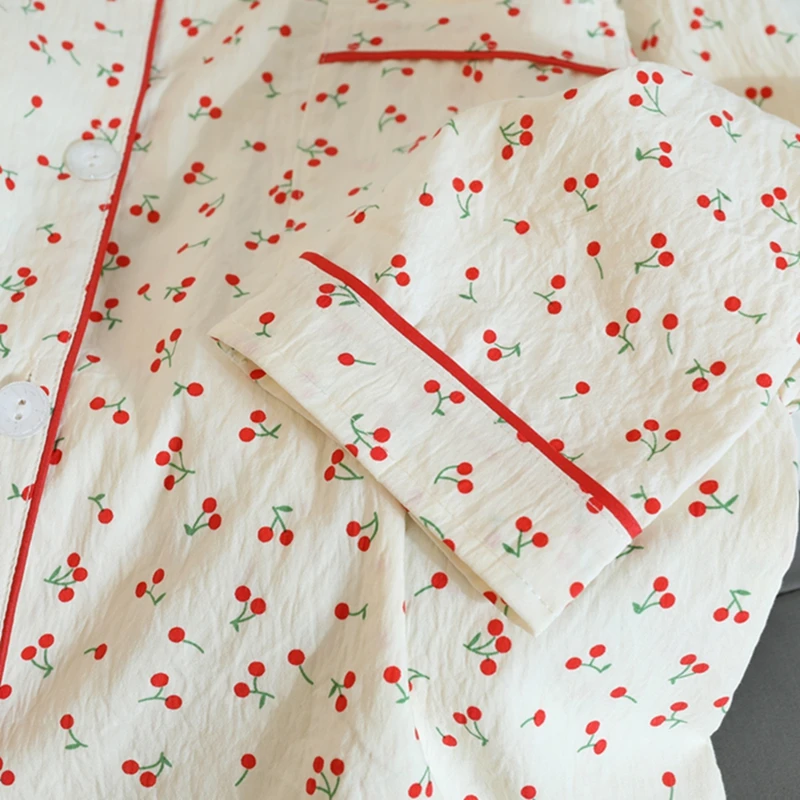 Pijama feminino outono cerejas conjuntos de pijama para mulheres roupas de algodão falso para mulheres lapela macia cardigan 2 peça conjunto doce bonito pj