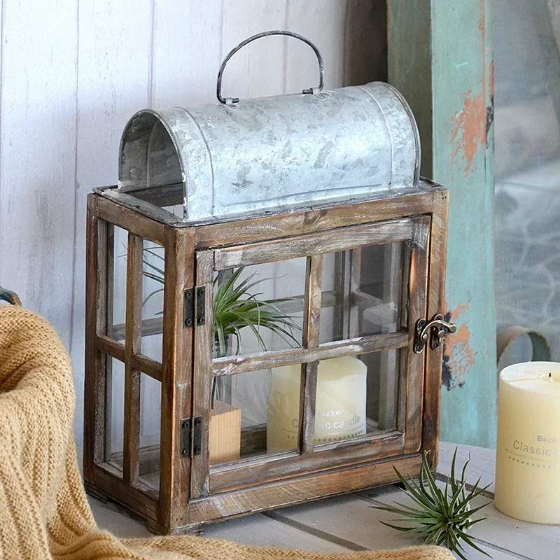 حامل شموع مزخرف على شكل فانوس مستطيل عتيق مصنوع يدويًا من الخشب الصلب AZ