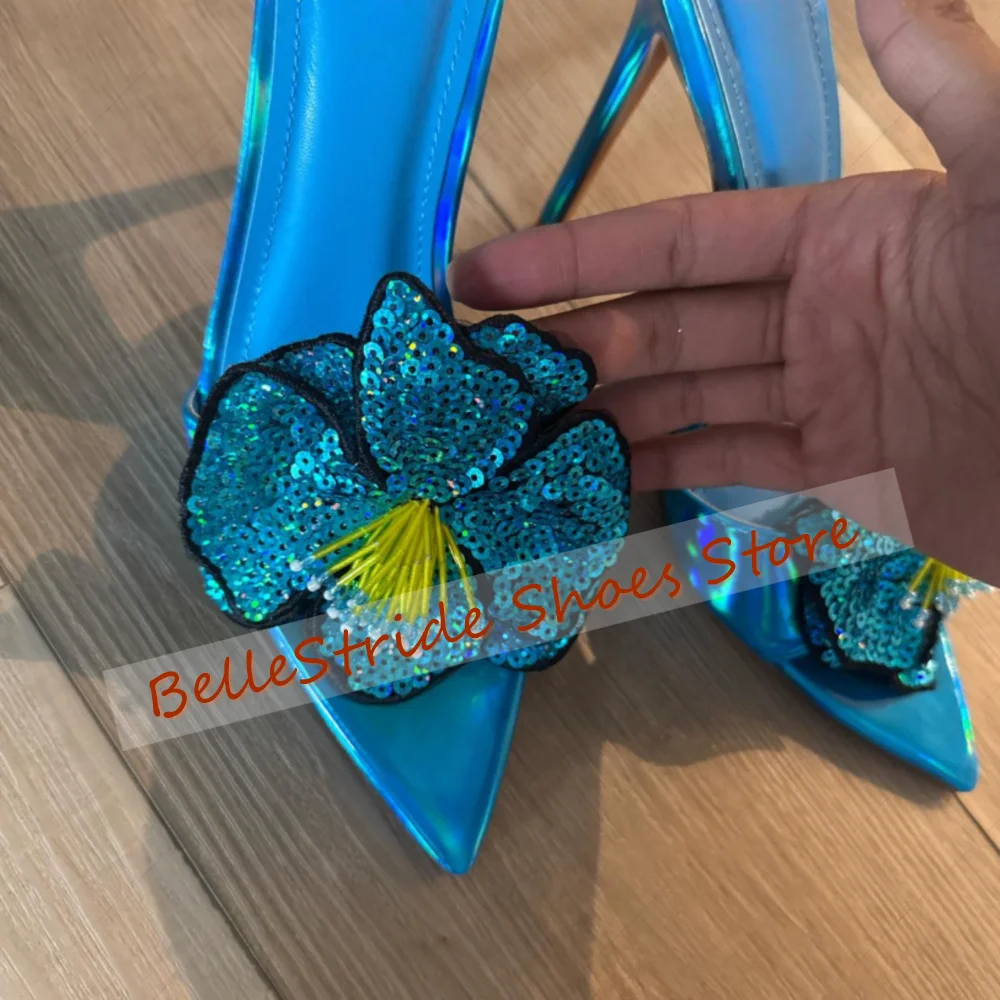 Blaue Pailletten-Blumendekor-Hausschuhe mit spitzer Zehenpartie für Damen, Stilettos, High Heels, modische Dinner-Party, 2025, Zapatos Para Mujeres