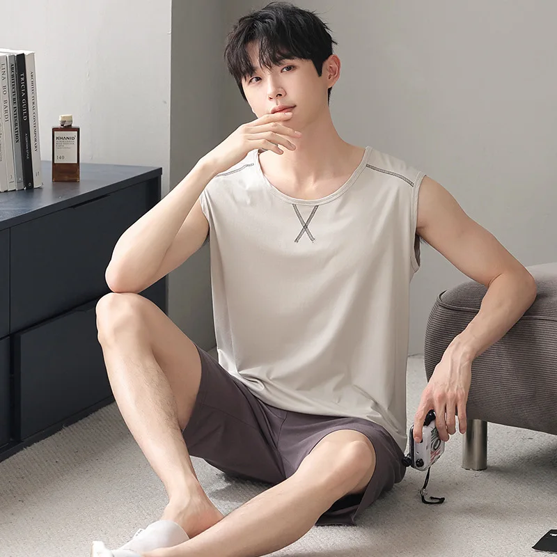 L-4XL Modal Soft Homewear for Men 2024 Summer Sleeveless Nightwear Shorts Pajamas Set Young Boy Korean Fashion Sleepwear