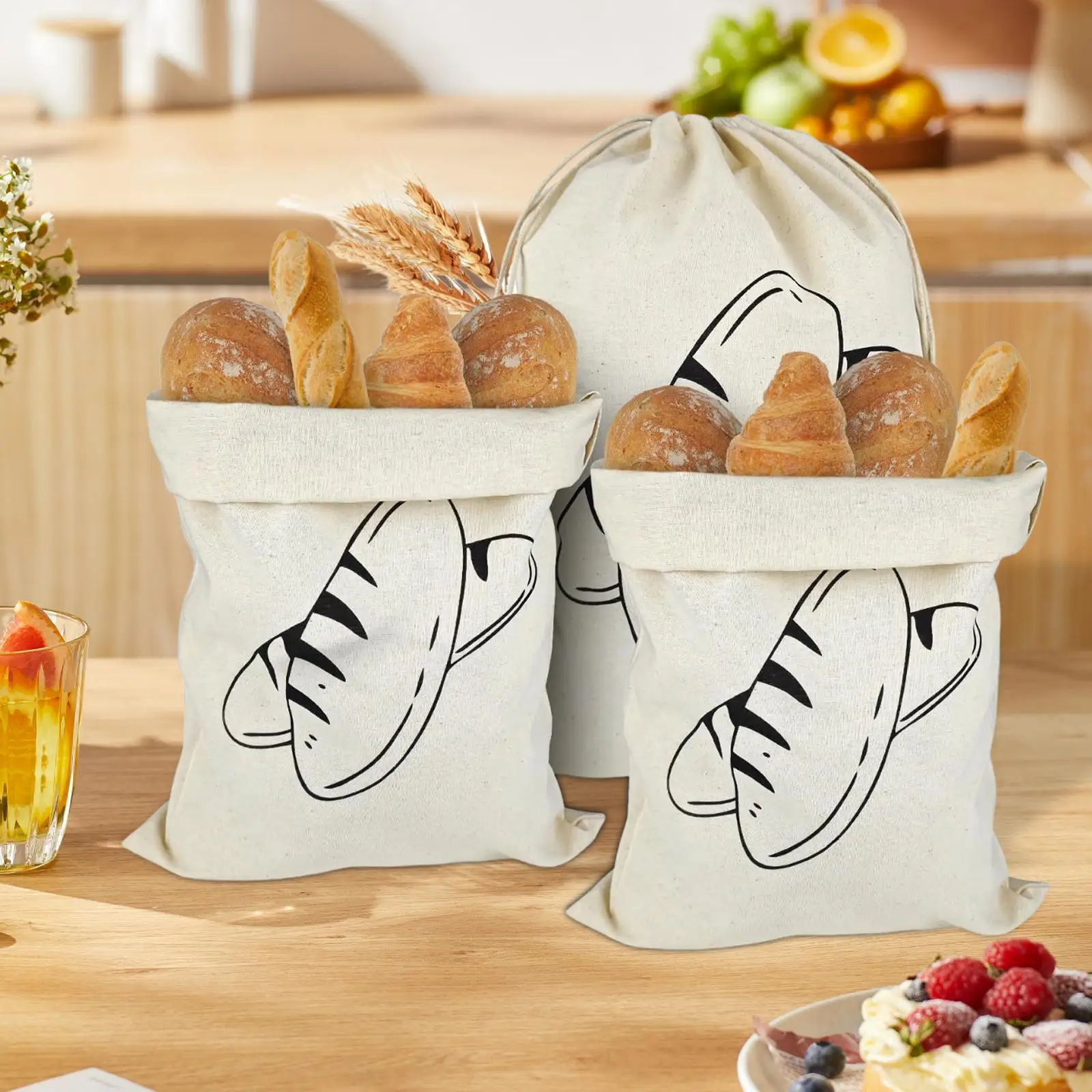 3 Pieces Bread Bags,Linen Bags,Reusable Washable Totes with Drawstring for Cafe, Housewarming Party Favor Bakery Banquet