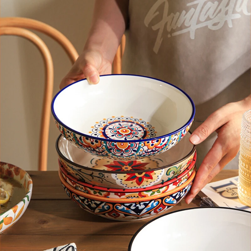 American Country Bohemian Ceramic Tableware Household Dishes Deep Dishes Soups Underglaze Kitchen Dishes Ramen Bowl