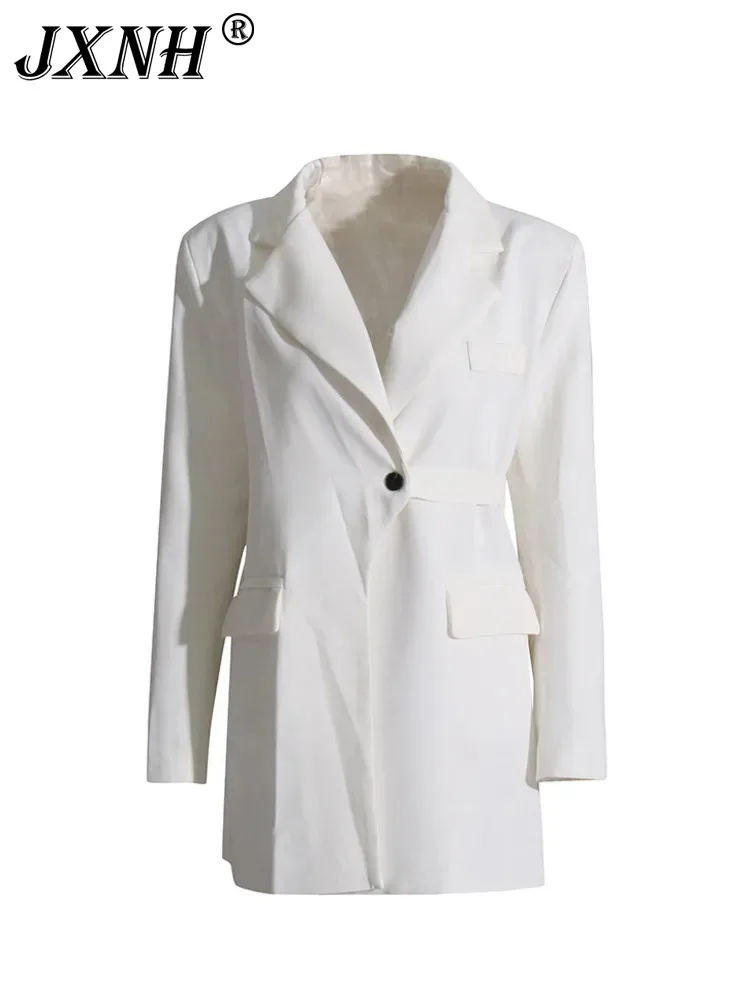 

French Minimalist Retro Niche 2024 Summer New Lapel Long Sleeved Versatile Hidden Button Placket Suit Style Dress For Women