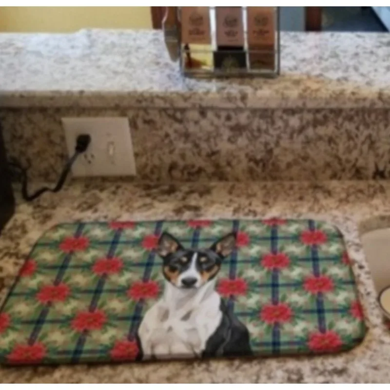 

Черно-белый коврик для сушки посуды Basenji Christmas Poinsettia 14x21 дюймов, впитывающий коврик для кухонной стойки