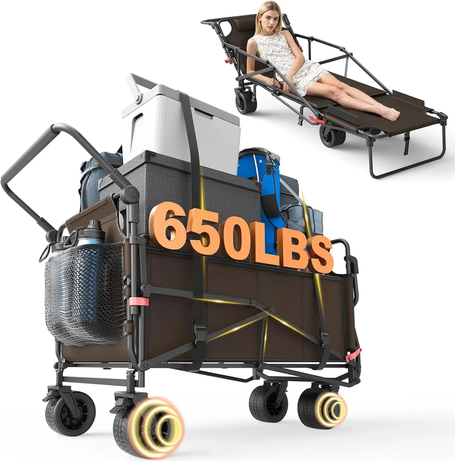 

Heavy Duty Folding Wagon - 2-in-1 Collapsible Cart, 650lb Capacity All-Terrain Wheels w/Brakes & Side Pockets