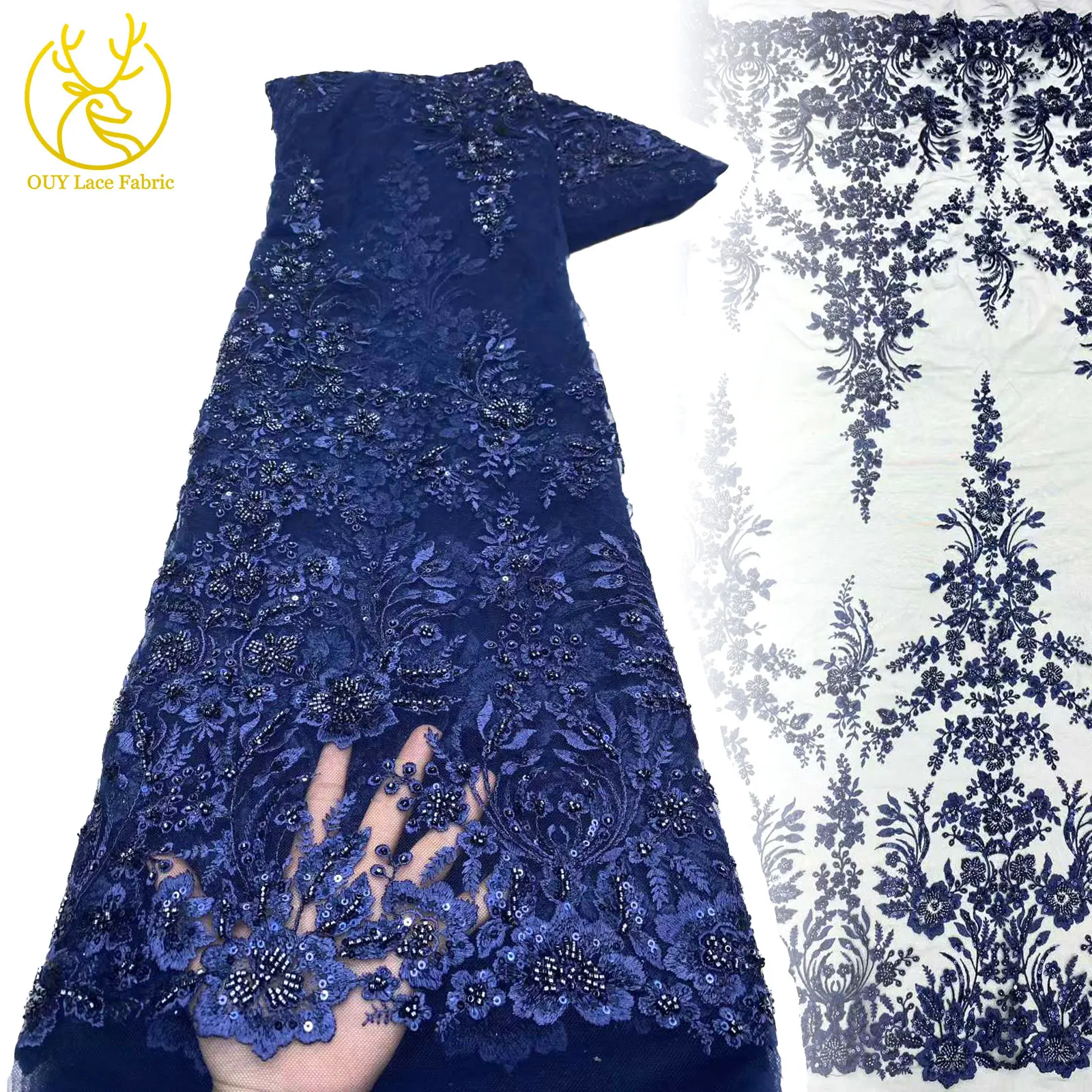 

African Groom Embroidered Beaded Lace Fabric 5 Yards French Sequins Mesh Tulle Lace Fabric Bridal Party Wedding Dress Material